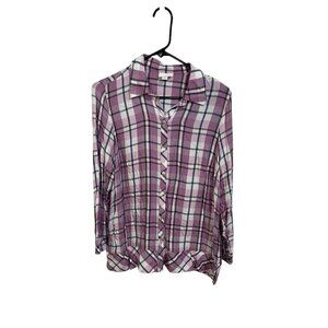 J. Jill Women's MP Purple Plaid Top Tunic Shirt Button Front Long Sleeve Light